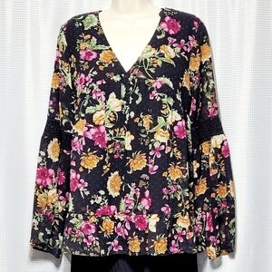 DR2 Clip Dot Black & Floral Peplum with Crochet Accent Long Sleeve Blouse (LP)